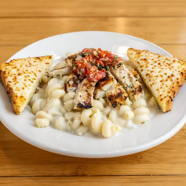 Grilled chicken with tomato salsa, creamy pasta, and cheesy garlic bread on a white plate.